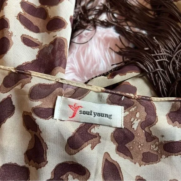 Soul Young Leopard & Floral Open Front Fringe Hem 2 Kimono Duster Blouses O/S - Picture 2 of 16